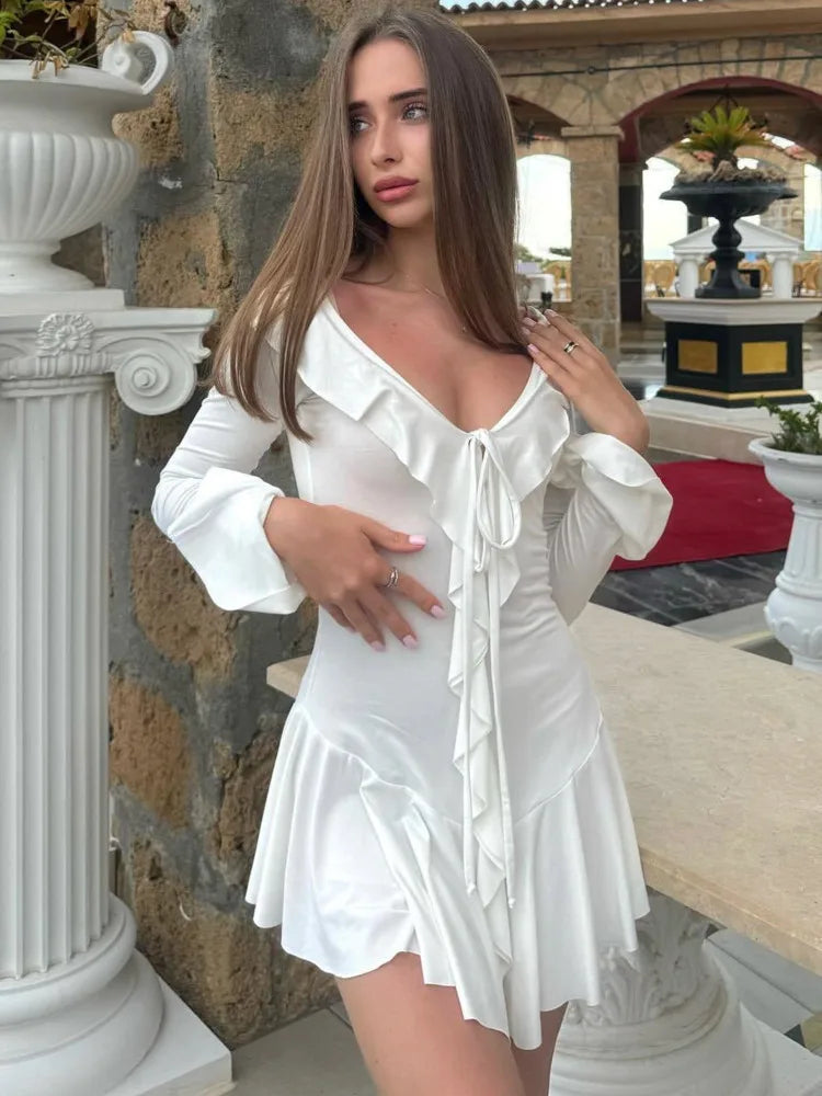 Sexy Bodycon Ruffled High Elasticity Skirt For Women Elegant Lace Up Pleated Long Sleeved Autumn Winter New 2024 Vestido