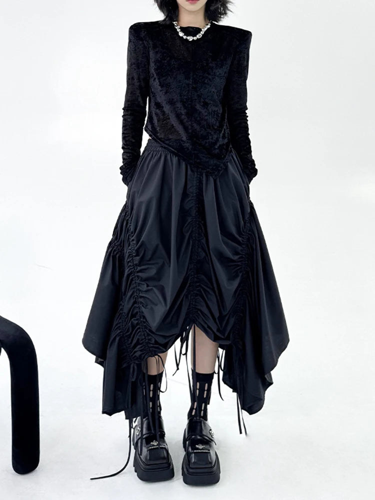 High Elastic Waist Black Irregular Hem Drawstring Half-body Skirt Women Fashion Tide New Spring Autumn 2025  1DJ0643