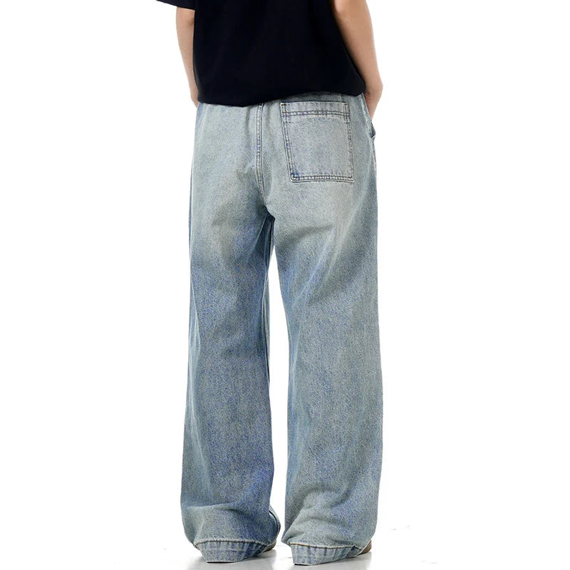 Men's Jeans New American Style Waistband Solid Color Design Denim Pants Loose Straight Leg Pants Trendy Spring 2025 9W1378