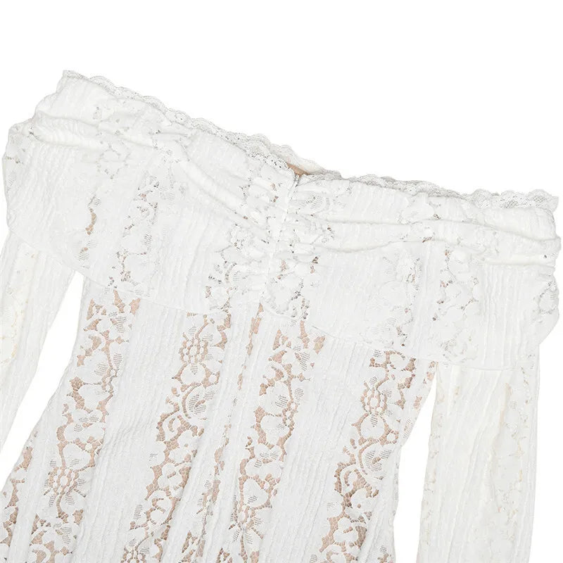 Off-shoulder Lace Sexy Mini Dress For Women White Strapless Long Sleeve Backless Bodycon Club Party Sexy Dress Elegant
