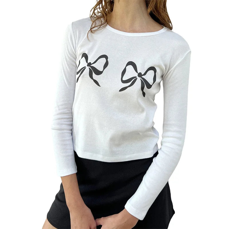 y2k Crop Top 2000s Women Graphic Cherry/Cake Print Round Neck Long Sleeve T Shirt Aesthetic Clothing White Streetwear