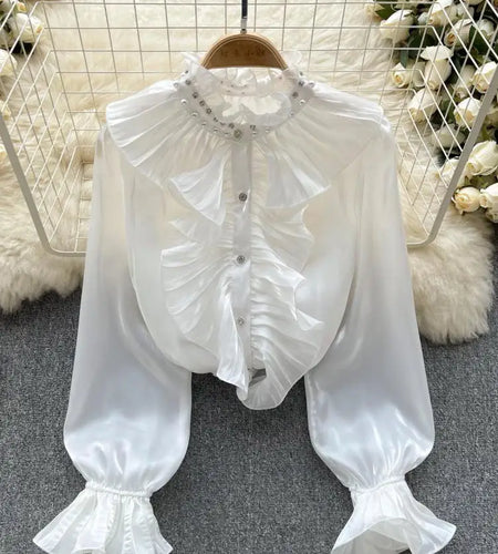 Korean Women Solid Elegant Ruffles Shirt Chic Long Sleeve Lace Ruffles Stand Collar Casual Loose Blouses Tops Autumn Vintage Y2k