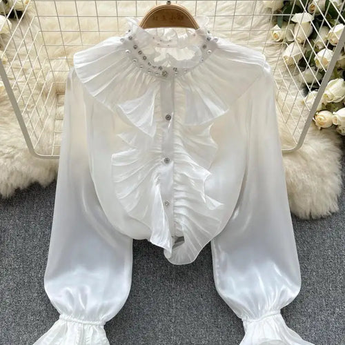 Load image into Gallery viewer, Korean Women Solid Elegant Ruffles Shirt Chic Long Sleeve Lace Ruffles Stand Collar Casual Loose Blouses Tops Autumn Vintage Y2k
