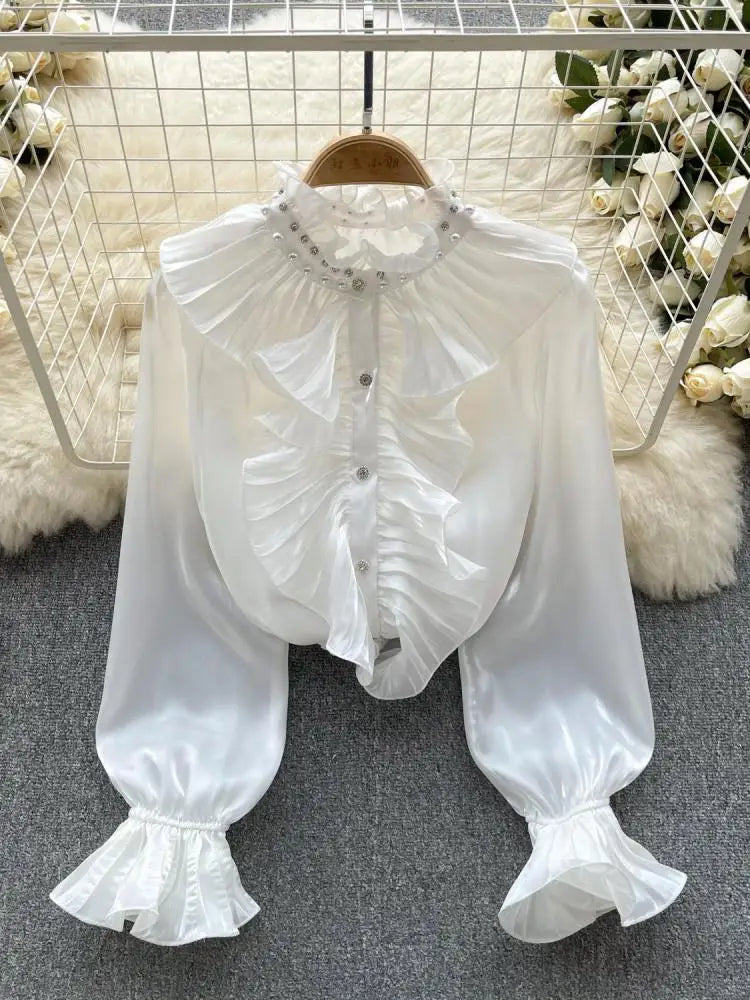 Korean Women Solid Elegant Ruffles Shirt Chic Long Sleeve Lace Ruffles Stand Collar Casual Loose Blouses Tops Autumn Vintage Y2k