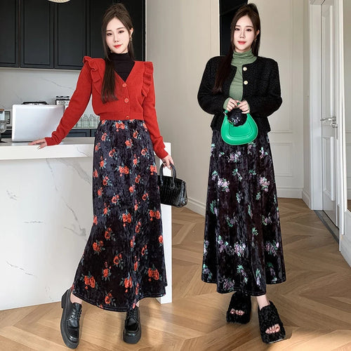 Load image into Gallery viewer, Black Red Floral Print Velvet Long Skirt Vintage Elastic High Waist Slim A-line Skirts Autumn Winter Fashion Women Bohemian Chic
