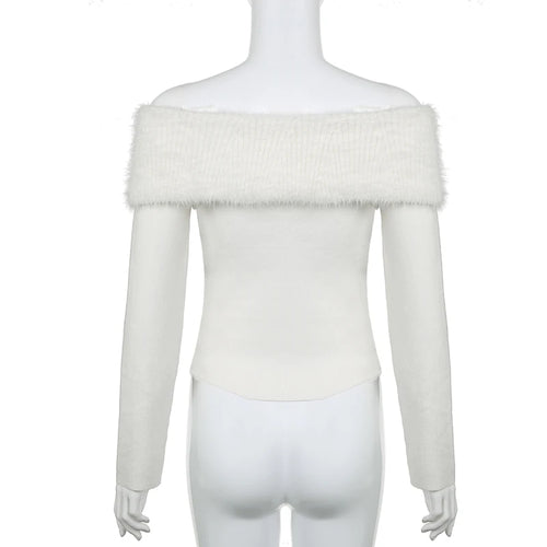 Load image into Gallery viewer, White Chic Fluffy Autumn Pullover Off Shoulder Top Fashion Women Sweaters Faux Fur Spliced Knitted Jumper Party
