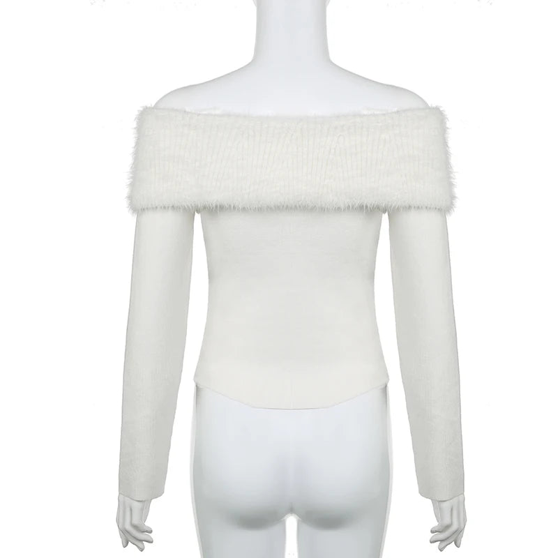 White Chic Fluffy Autumn Pullover Off Shoulder Top Fashion Women Sweaters Faux Fur Spliced Knitted Jumper Party