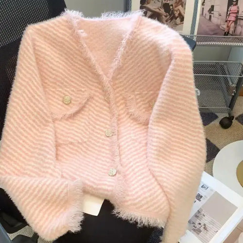 Load image into Gallery viewer, Autumn Winter Korean V Neck Striped Tassel Knitted Cardigan Coat Women&#39;s Elegant Single Breasted Thick Mohair Sweater Fashion
