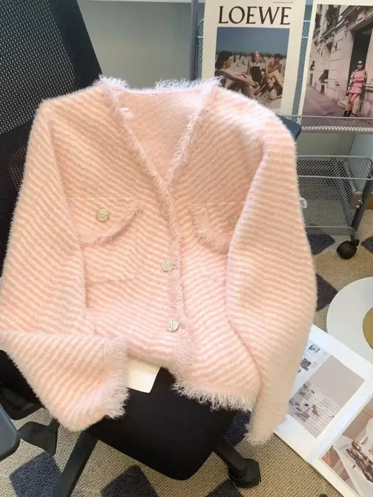 Autumn Winter Korean V Neck Striped Tassel Knitted Cardigan Coat Women's Elegant Single Breasted Thick Mohair Sweater Fashion