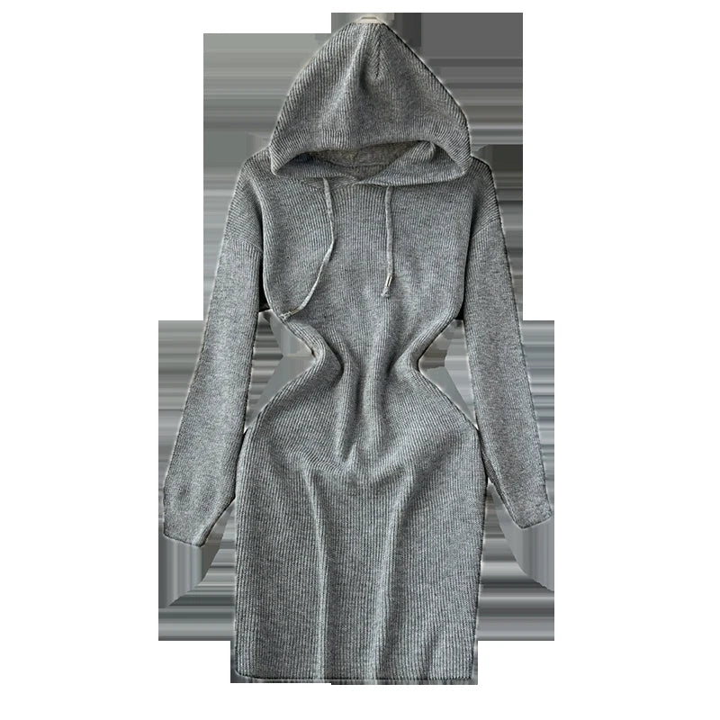 Autumn New White Slim Elegant Long Sleeve Hooded Mini Dress Women Black Elegant Slim Gray Knit Hip Wrap Dresses Popular Fashion