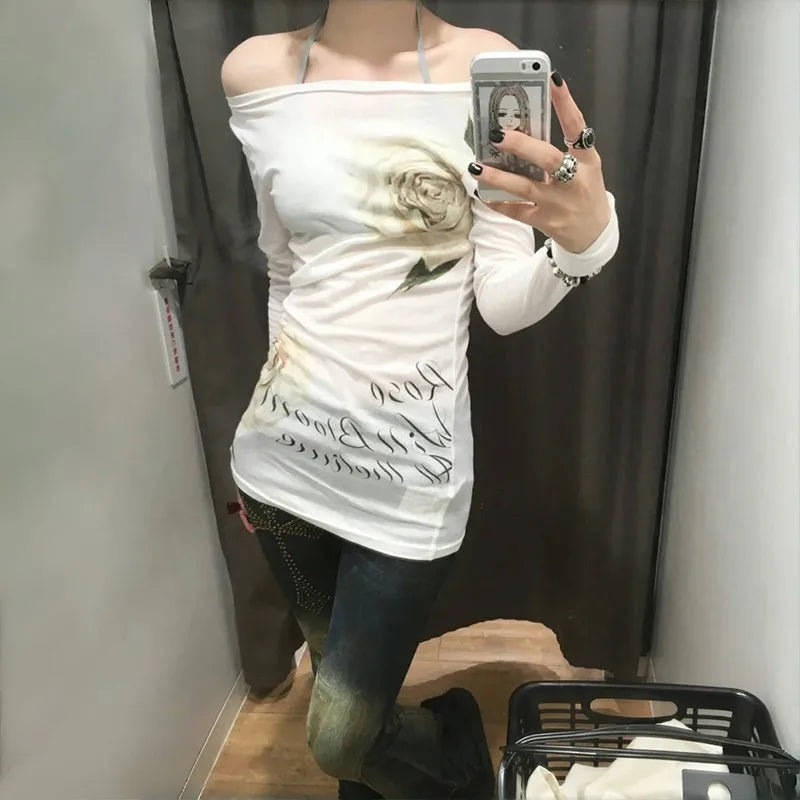 Japanese Y2k Off Shoulder Tops Vintage 2000s Style Knitted T-shirt Harajuku Flower Print Long Sleeve Sheer Tops American