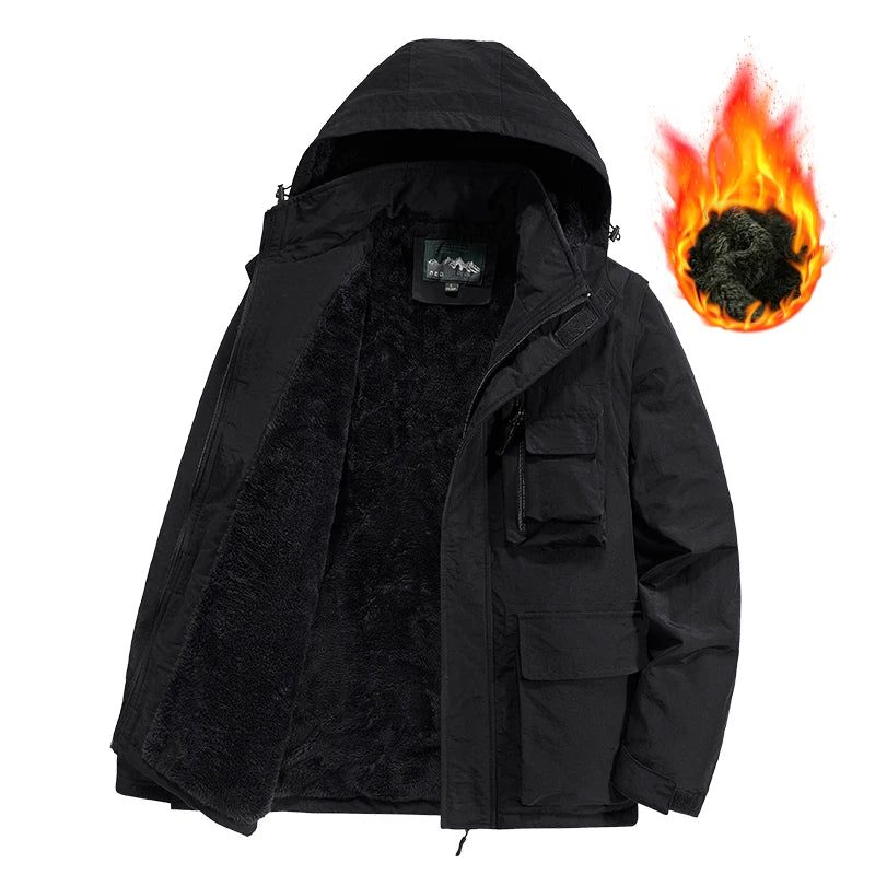 Cotton Fleece Jacket Warm Solid Color Coats Male Fashion Casual Multi-pockets Lapel Outerwear Parkas JacketMen Winter Thick