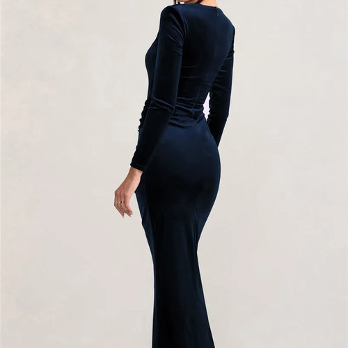 Load image into Gallery viewer, Square Collar Long Sleeve Sexy Maxi Dress For Women Velvet Fashion Ruched Split Bodycon Club Party Elegant Long Dress
