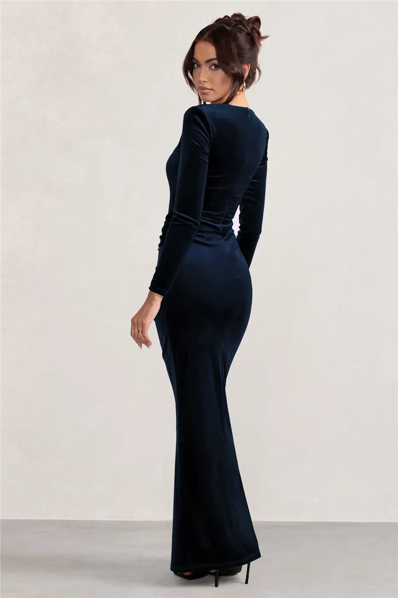 Square Collar Long Sleeve Sexy Maxi Dress For Women Velvet Fashion Ruched Split Bodycon Club Party Elegant Long Dress