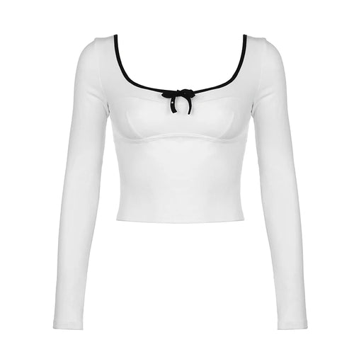 Load image into Gallery viewer, Korean Fashion Stitch Women T-shirts Slim Bow Coquette Clothes Kawaii Autumn Tee Cropped Tops y2k Clothing Backless

