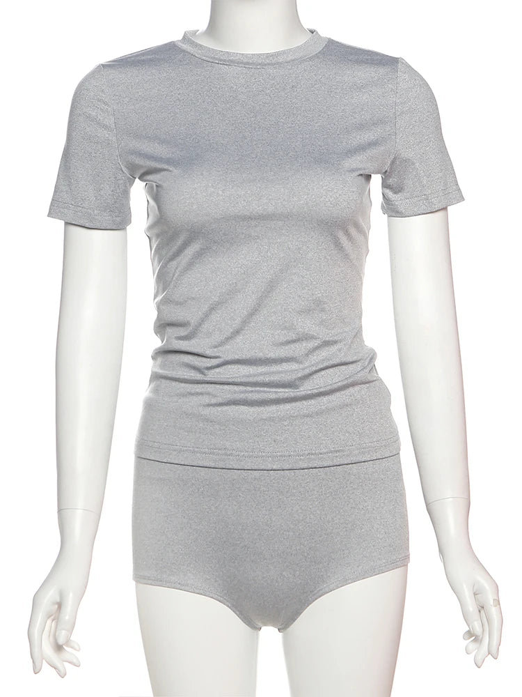 Sporty 2-Piece Set Women Skinny High Elasticity o-Neck t-Shirts+Mini Shorts Summer Classic Simple Basic Matching Suits