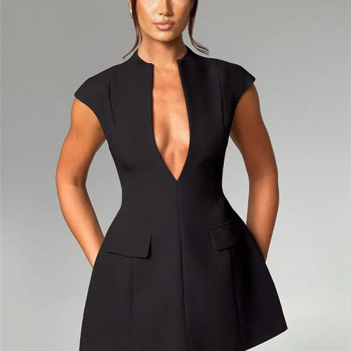 Load image into Gallery viewer, Black Sleeveless Sexy Mini Dress For Women Fashion Zipper Deep V Neck Two Pocket A-line Night Club Party Dress Elegant
