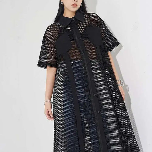 Load image into Gallery viewer, Women Black Mesh Perspective Midi Big Size Shirt Dress New Lapel Short Sleeve Fashion Tide Spring Summer 2025 1DH4934

