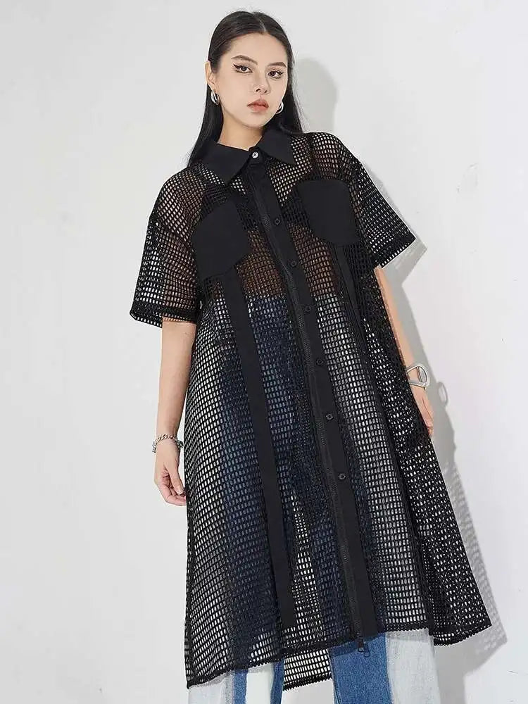 Women Black Mesh Perspective Midi Big Size Shirt Dress New Lapel Short Sleeve Fashion Tide Spring Summer 2025 1DH4934