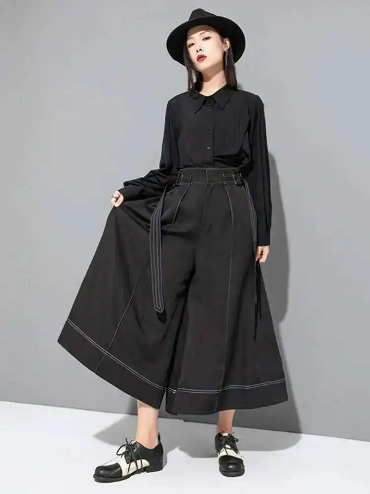 High Waist Black Topstitched Bandage Long Wide Leg Pants New Loose Fit Trousers Women Fashion Spring Autumn 2025 1DF7722