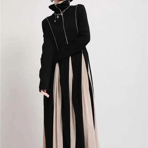 Load image into Gallery viewer, Women Black White Contrast Color Long Dress New Turtleneck Long Sleeve Loose Fit Fashion Tide Autumn Winter 2025  1DD2153
