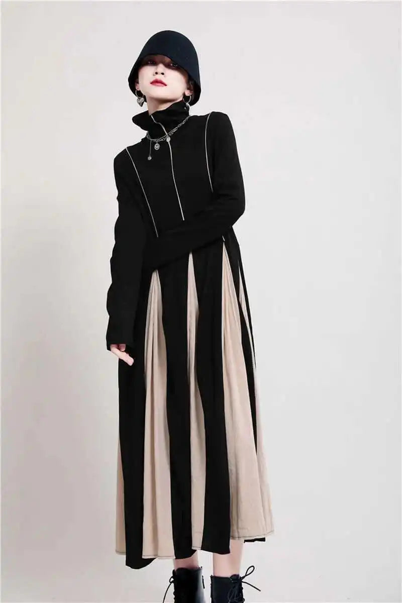 Women Black White Contrast Color Long Dress New Turtleneck Long Sleeve Loose Fit Fashion Tide Autumn Winter 2025  1DD2153