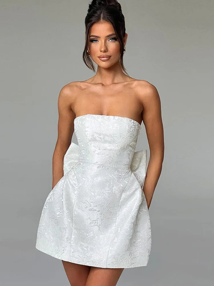 Backless Bow Sexy Mini Dress For Women Fashion Off-shoulder Strapless Sleeveless Bodycon Club Party Dress Elegant