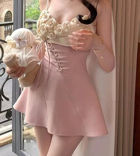 Hit Color Spliced Appliques Temperament Dresses for Women V Neck Sleeveless Patchwork Lace Up Mini Dress Female New