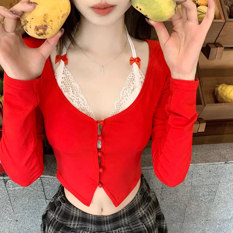 y2k Tops Women Aesthetic Clothes Contrast Color Lace Patchwork Long Sleeve Tshirt with Bow Coquette Clothing Streetwear