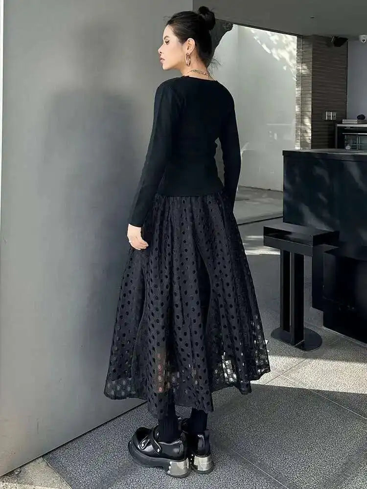 High Elastic Waist Black Lace Hollow Out A-line Elegant Half-body Skirt Women Fashion Tide New Spring Autumn 2025 1DH8738