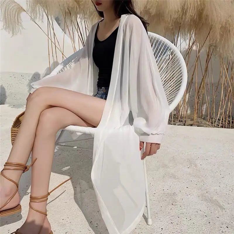 Summer White Sun Protection Clothing Women Long Cardigan Female Loose Cardigans Ladies Shawl Women Chiffon Thin Coat