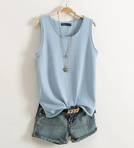 With thin round neck knitted cotton vest, girls' sleeveless loose split bottomed top in summer