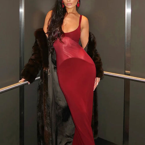 Load image into Gallery viewer, Mesh Patchwork Sexy Maxi Dress For Women Gown Spaghetti Strap Sleeveless Backless Bodycon Elegant Club Long Dress
