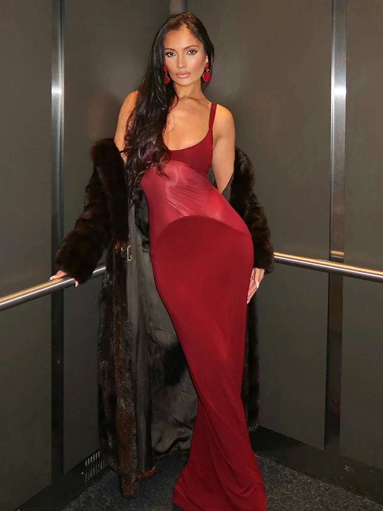 Mesh Patchwork Sexy Maxi Dress For Women Gown Spaghetti Strap Sleeveless Backless Bodycon Elegant Club Long Dress