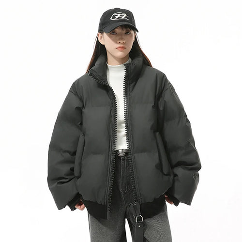 Load image into Gallery viewer, Korean Style Men&#39;s Padded Jackets Stand Collar Big Zipper PU Leather Solid Color Thickened Loose Male Cotton Coats 9C9345
