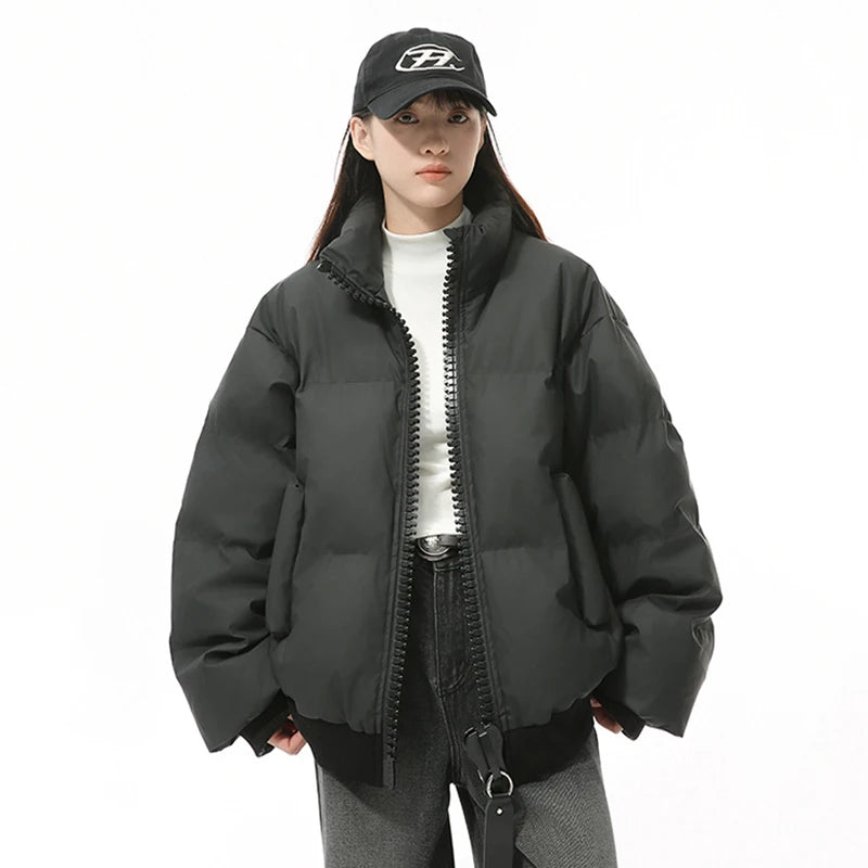 Korean Style Men's Padded Jackets Stand Collar Big Zipper PU Leather Solid Color Thickened Loose Male Cotton Coats 9C9345