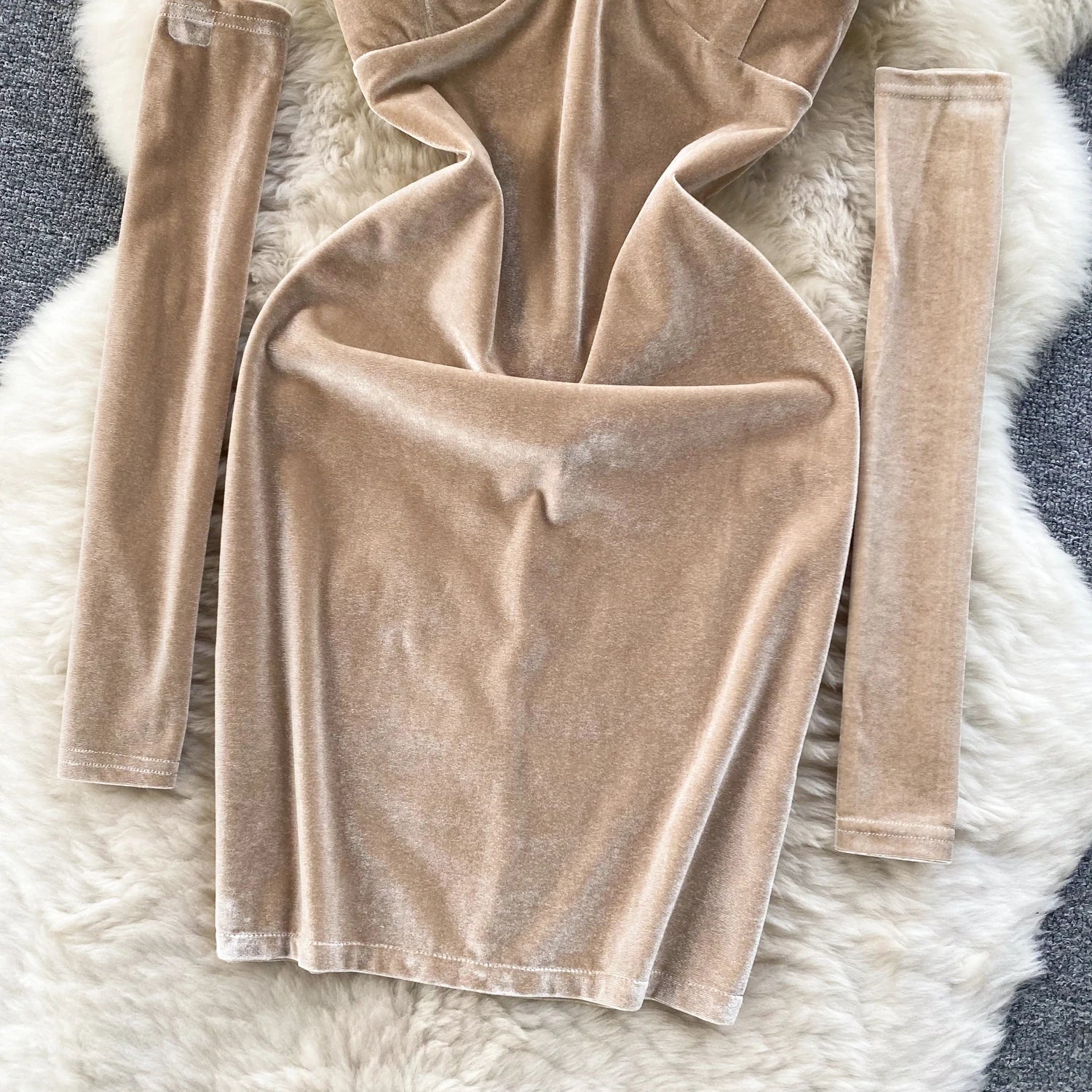 Korean Version Khaki Hanging Neck Sexy Club Slim Velvet Mini Dress Off Shoulder Backless Short Dress Spring Summer With Sleeves