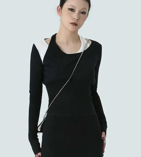 Color-block Knitting T-shirt Half-body Skirt Two Pieces Suit New Round Neck Women Fashion Spring Autumn 2025 1DH4959