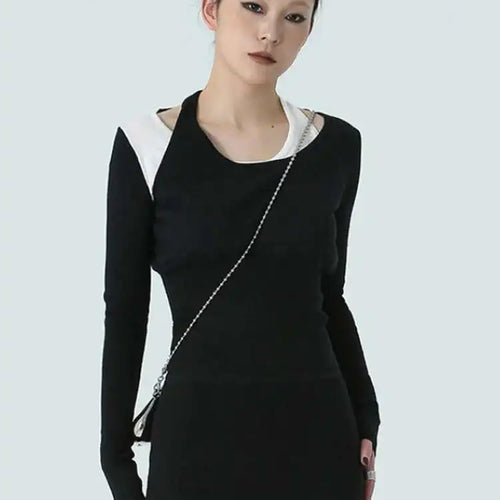 Load image into Gallery viewer, Color-block Knitting T-shirt Half-body Skirt Two Pieces Suit New Round Neck Women Fashion Spring Autumn 2025 1DH4959
