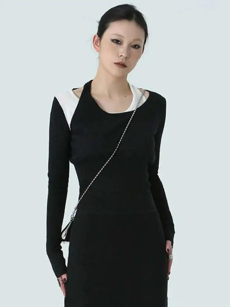 Color-block Knitting T-shirt Half-body Skirt Two Pieces Suit New Round Neck Women Fashion Spring Autumn 2025 1DH4959