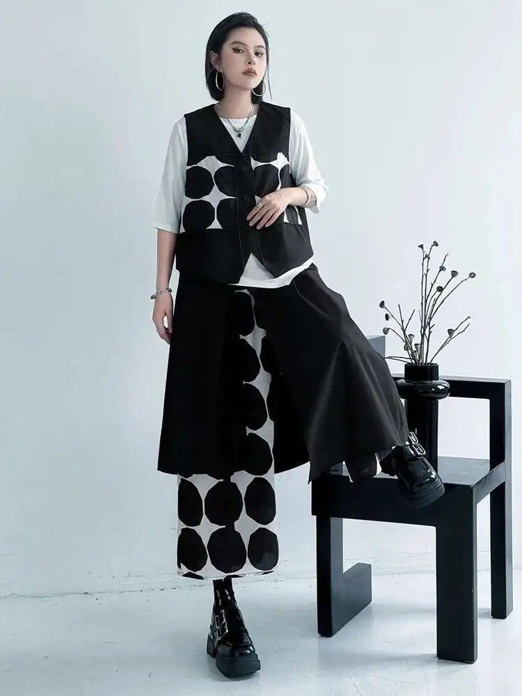 Big Size Black Dot Vest Wide Leg Pants Two Piece Suit New V-Neck Sleeveless Women Fashion Tide Spring Autumn 2025 1DJ1039