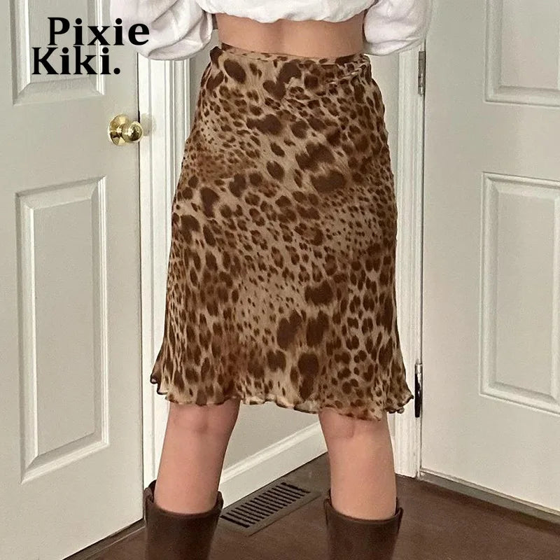 Leopard Print Mesh Tight Skirt Y2k 2000s Vintage Low Waist Knee Length Skirt Women Fall 2024 P67-BF20