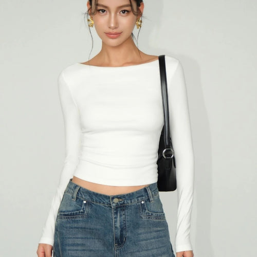 Load image into Gallery viewer, Harajuku White Simple Long Sleeve T-shirt Women Slash Neck Y2k Aesthetic Grunge Crop Tees Streetwear Slim Fit Autumn Tshirts
