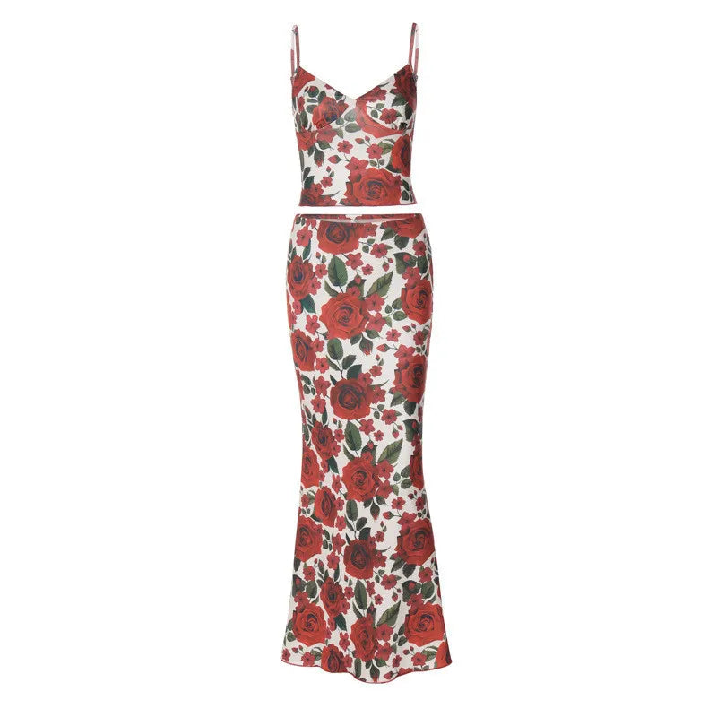 Floral Print Sexy Skirt Two Piece Sets Women Fashion Sleeveless Crop Tops And Long Skirt Femme Printed Two Piece Sets