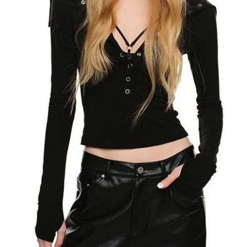 Load image into Gallery viewer, Y2k Aesthetic Vintage Solid Single Breasted Tops 2025 Streetwear Half High Collar Tshirts Women Grunge Harajuku Bodycon Tees
