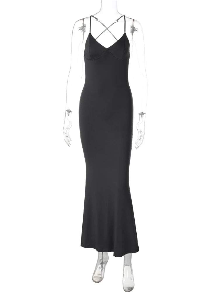 Summer Solid Slips Backless Ruched Sexy Bodycon Maxi Prom Dress Women Fashion Clothes Birthday Party Festival Y2K