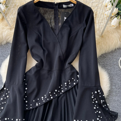 Load image into Gallery viewer, Black Slim High Waist V-neck Long Sleeved Bead Dress For Women 2024 Autumn French New Zipper Pleated Evening Party Dress Fashion
