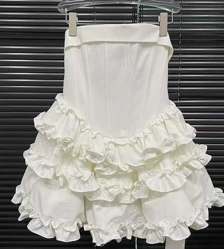 Solid Spliced Ruffles Slimming Dresses For Women Strapless Sleeveless High Waist Temperament Mini Dress Female New