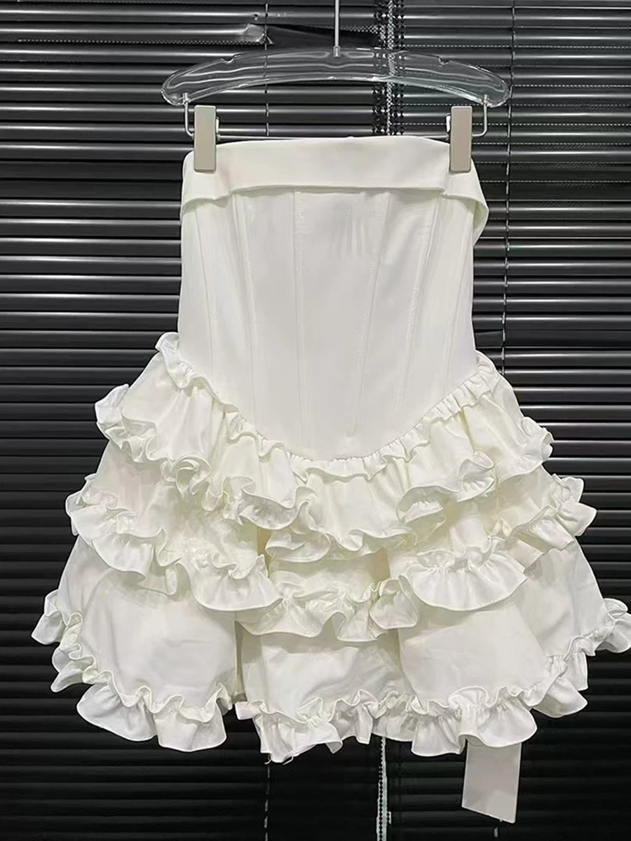 Solid Spliced Ruffles Slimming Dresses For Women Strapless Sleeveless High Waist Temperament Mini Dress Female New