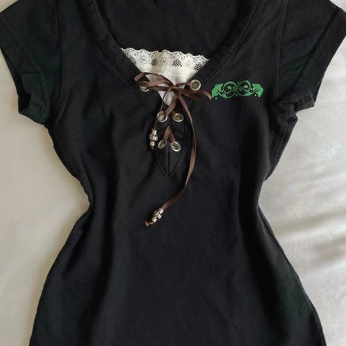 Load image into Gallery viewer, Vintage Fake Two Piece Black T-shirt Womens Harajuku Lace Patchwork Bandage Tops Streetwear Grunge Slim Fit VSummer Shirts Femme
